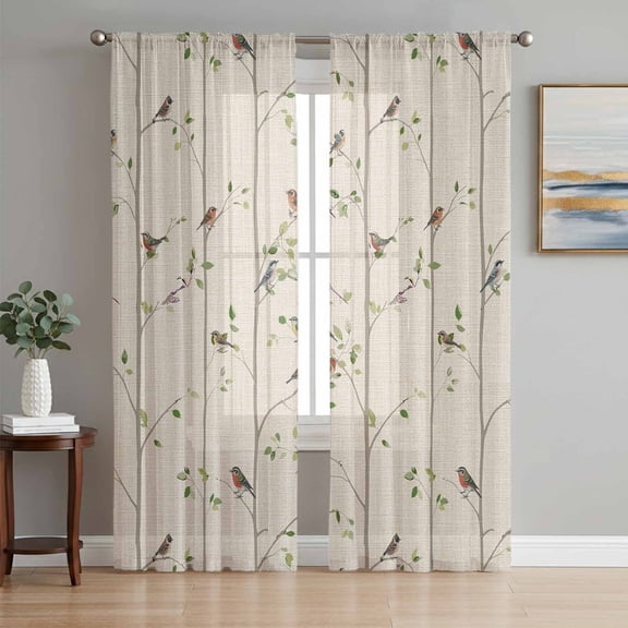 Sparrow Sheer Curtains 96 Inch Length 2 Panels Set, Spring Birds on The Branches Retro Country Beige Voile Window Treatment Semi Sheer Long Curtains Drapes for Bedroom/Living Room/Kitchen 52"x96"x2