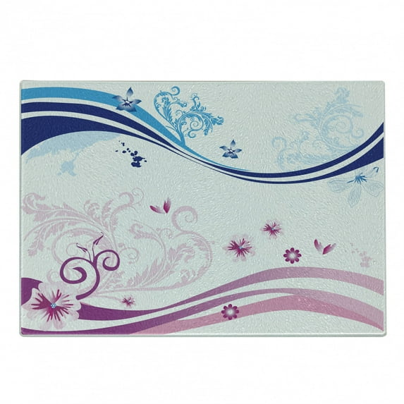 Floral Cutting Board, Modern Digital Swirls Ivy Flowers Leaves and White Backdrop Image, Decorative Tempered Glass Cutting and Serving Board, Small Size, Dark Blue Lilac, by Ambesonne