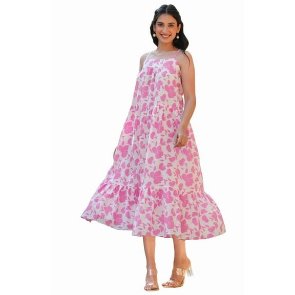 Pink Pure Cotton Abstract Printed Tiered Dress