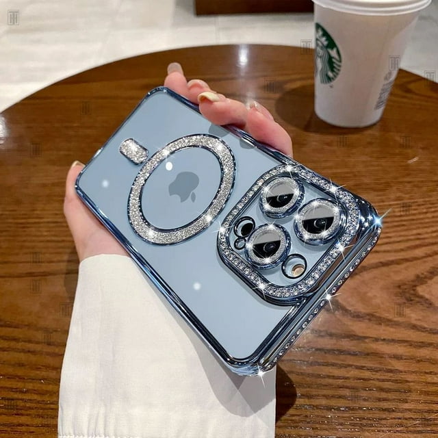High-grade Glitter Rhinestones Phone Case For iPhone 16 15 11 12 13 14 Pro Max 16 Plus Magsafe Magnetic Clear Lens Protect Cover Blue For iPhone 15 Pro