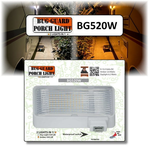 BG520W, 12 Volt Functional Exterior RV long-life LED Flood Porch light with bright 220 lumen (Amber)/520 Lunen (White), 2 Lights in one.
