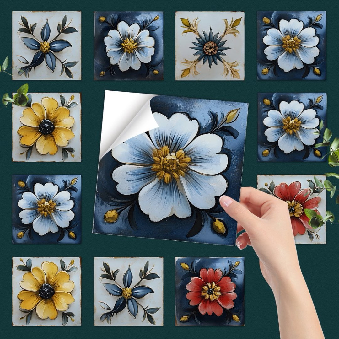 30Sheets Tile Wall Sticker Kitchen Backsplash 7.87"x7.87" Waterproof Removable DIY Flowers Decals Peel and Stick PVC Tiles