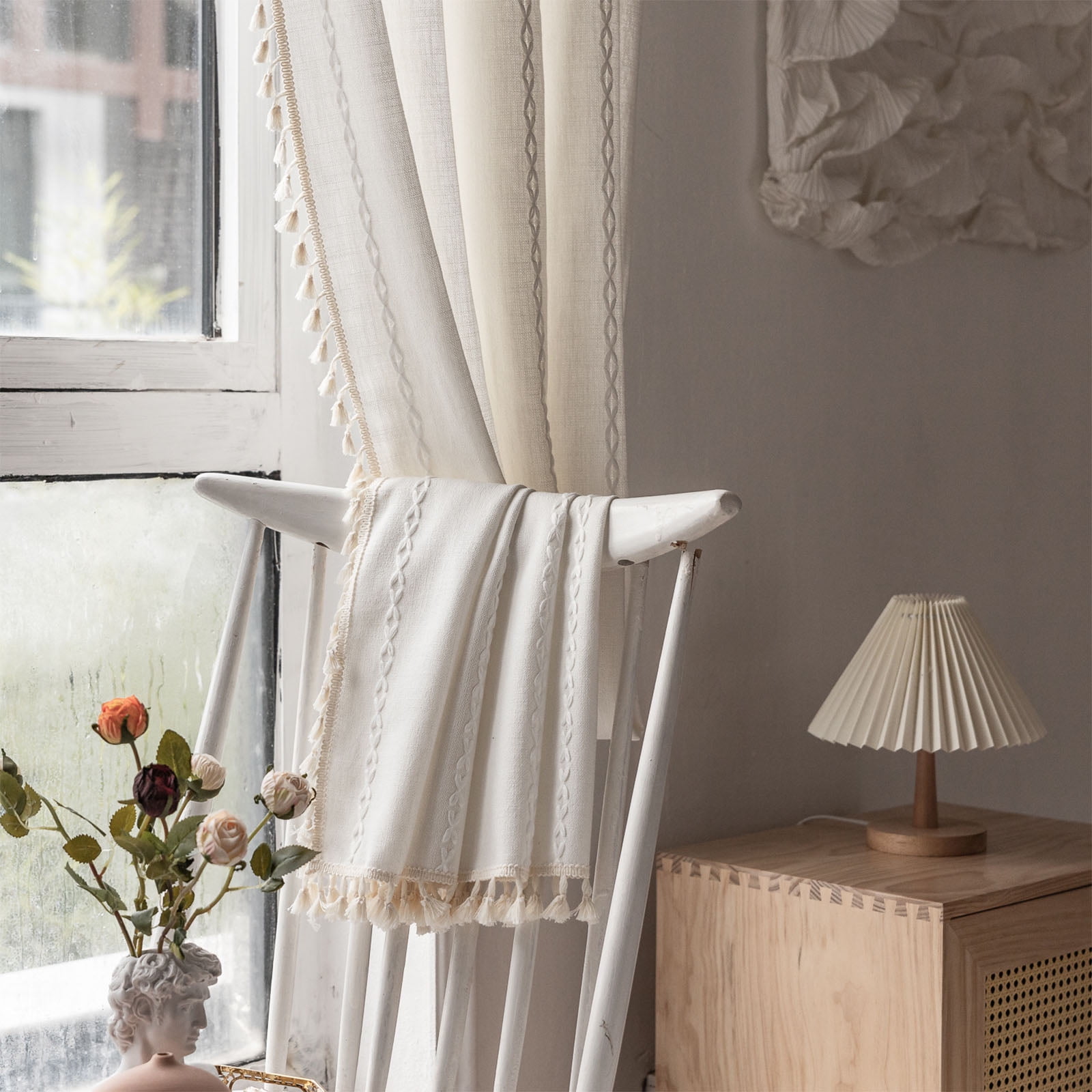 NixiYa Linen Curtains White Boho Curtains Semi-Blackout Window Curtains Rod Pocket Drapes 52 x 84 inches 1 Pannel