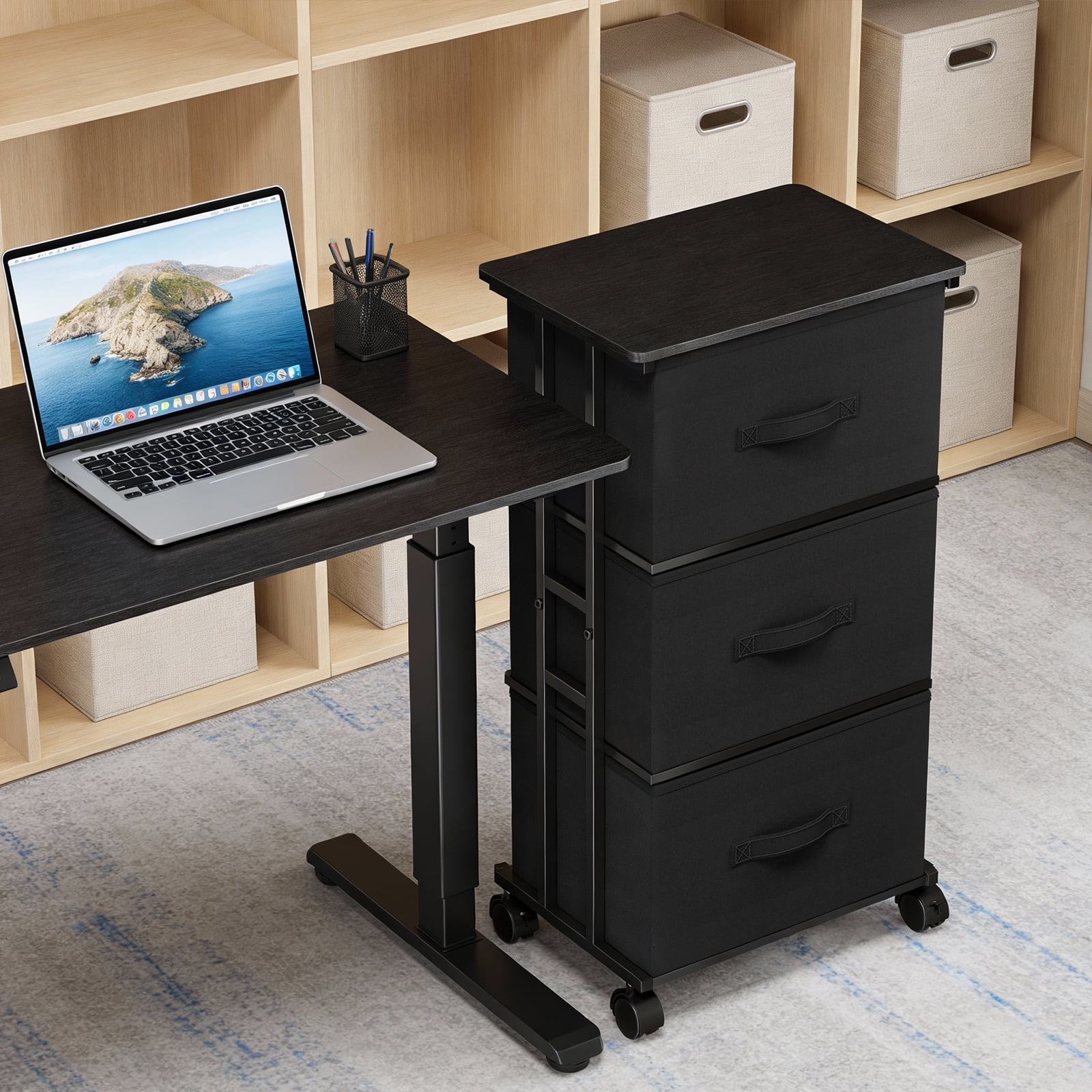 edx Rolling Nightstand with Wheels, 3 Drawer Fabric Storage for Bedroom, Entryway, Closets, Office, Black