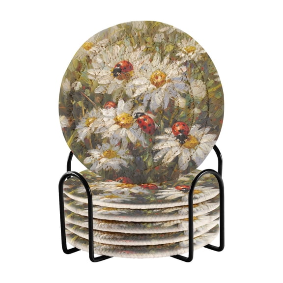 Ladybird on Daisy Flower Coasters with Holder for Coffee Table 6 Pcs Drink Coaster Sets Absorbent for Home Decor 4 inch