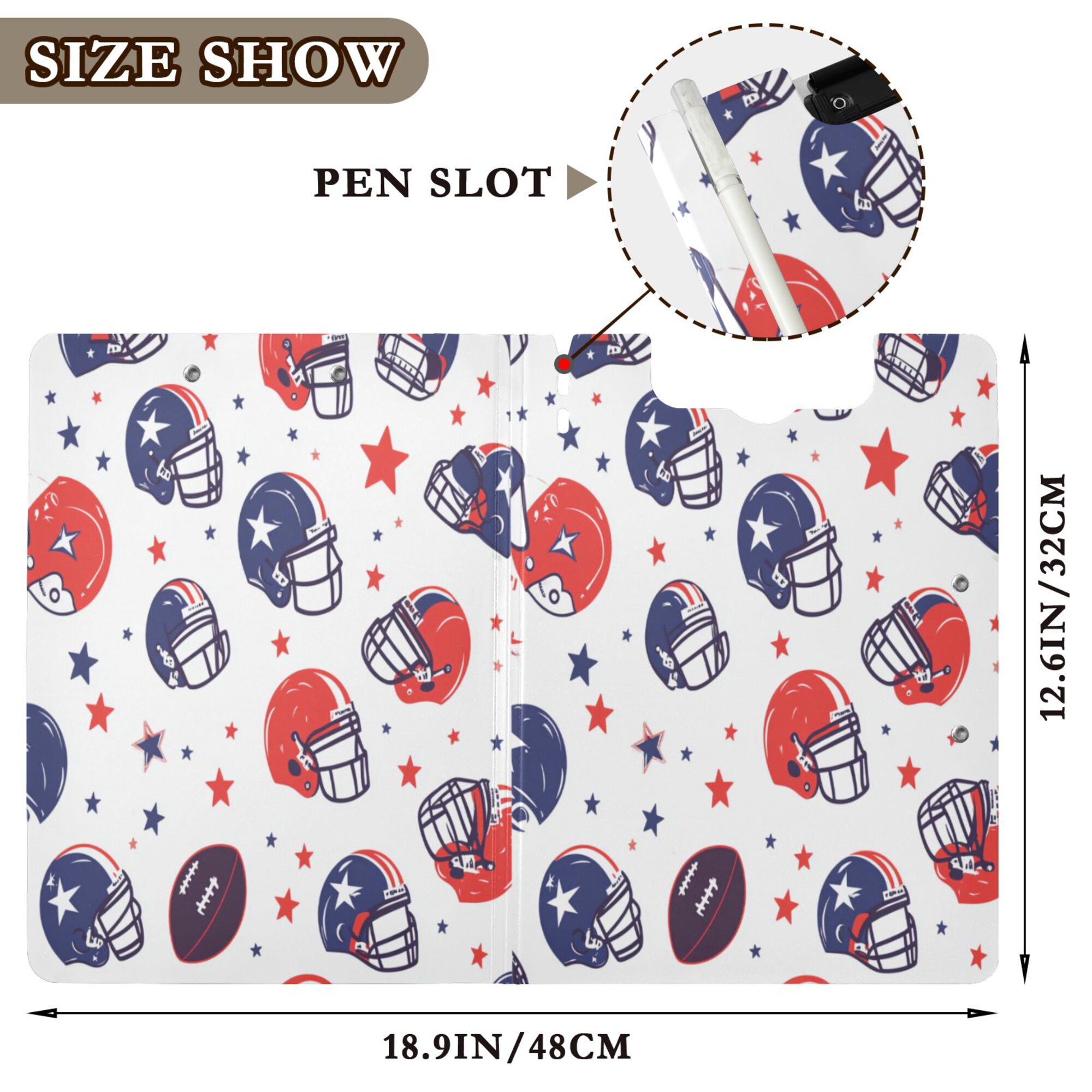FORMRS A4 Clipboard Folder with Pen Holder Horizontal Foldable School Office Binder, Star Spangled Helmets