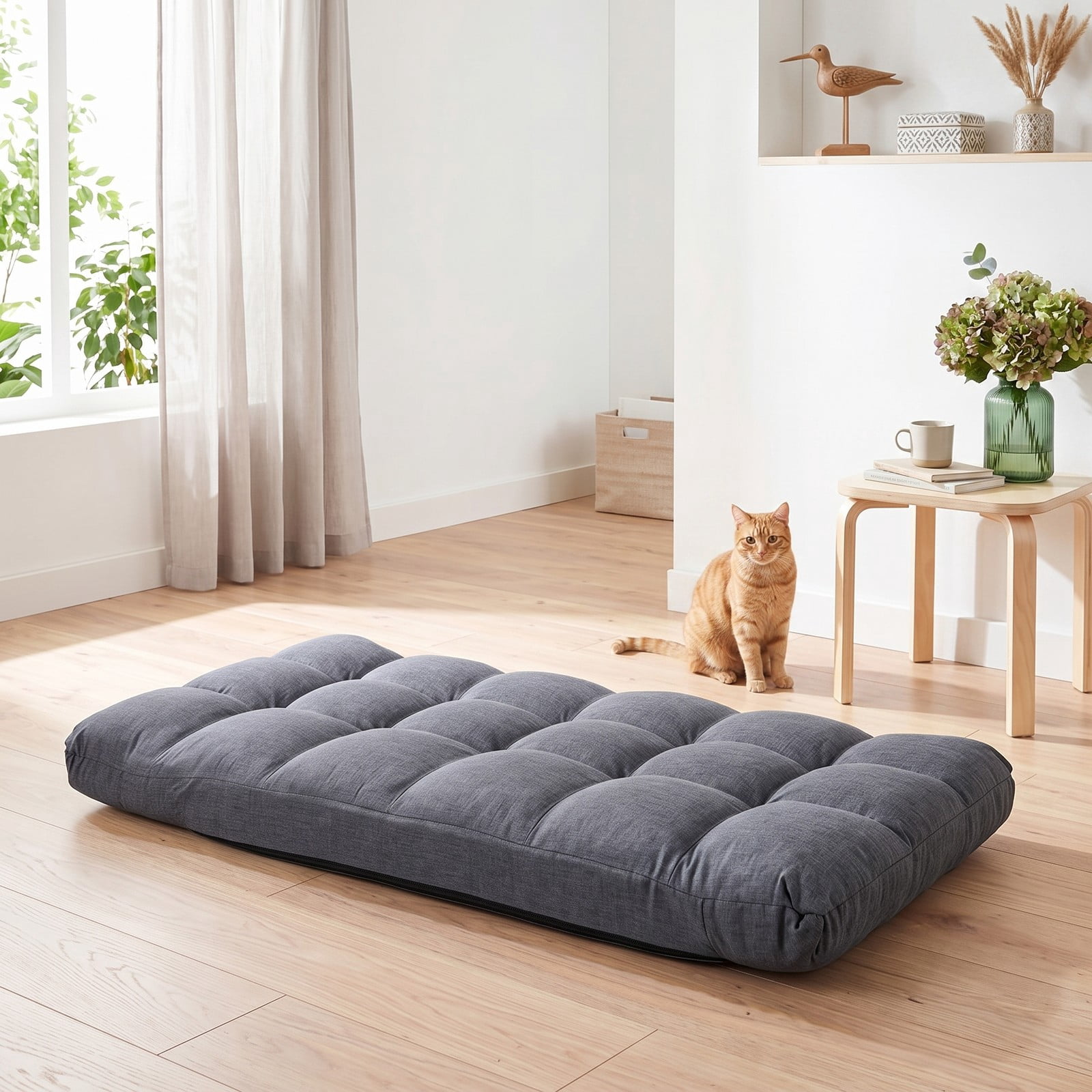 Furnibear 14-Position Adjustable Folding Floor Gaming Sofa Chair, Padded Lazy Recliner Lounger with Steel Frame and Cotton Linen Fabric for Living Room Bedroom, Gray