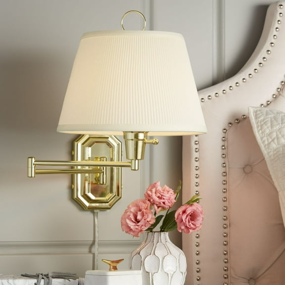 Barnes and Ivy Fredericks Vintage Wall Lamp Brass Gold Metal Plug-in 12" Light Fixture Swing Arm Ivory Pleated Shade for Bedroom Reading Living Room