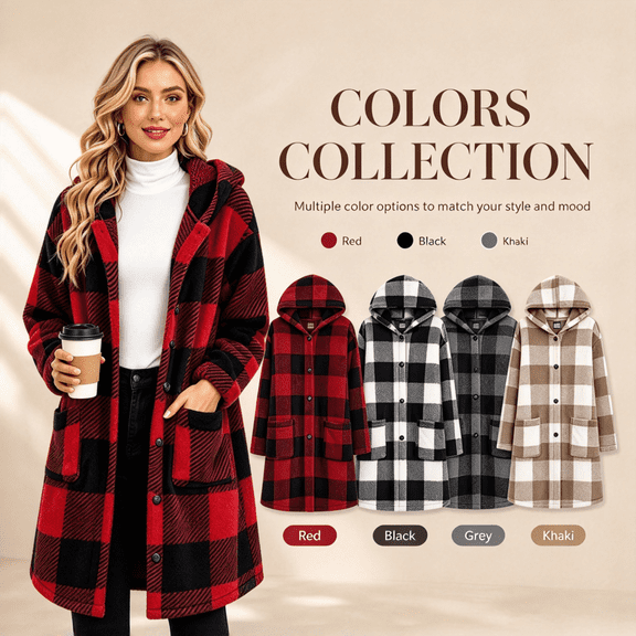 QATAINLAV Checkered Sherpa Jacket for Women Long Sleeve Button Hooded Fleece Coat Fall Winter Long Plaid Shacket with Pockets