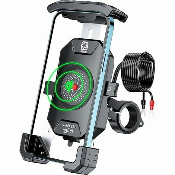 HAYAN Motorcycle Phone Mount with Qi 15W Wireless Charger and USB C 20W Fast Charging Port, One Hand Operation Motorcycle Cellphone Holder with Aluminum Alloy Handlebar Base for 4''-7'' Phones