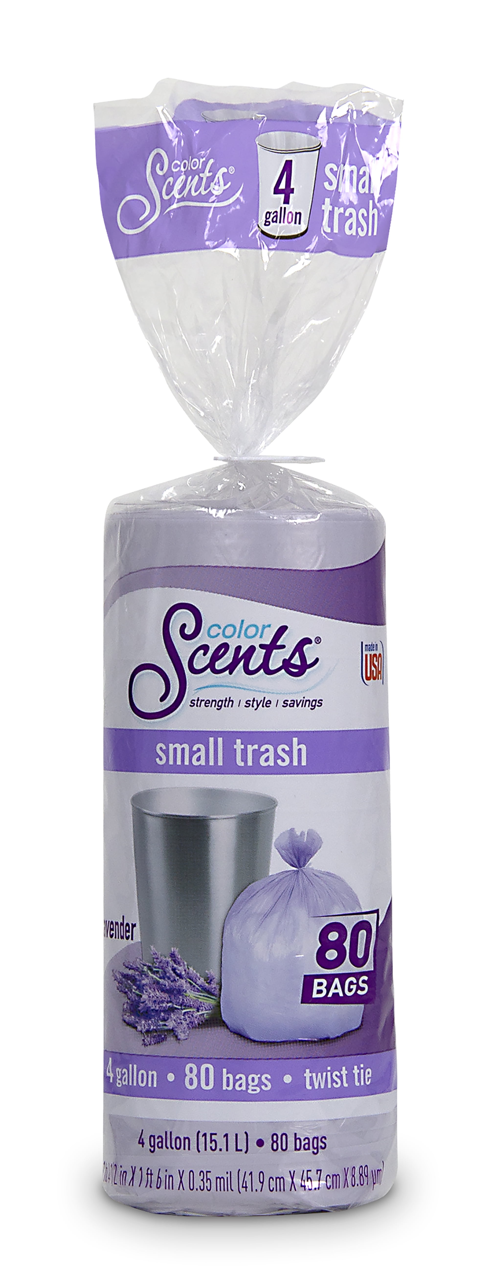 Color Scents Small Trash Bags - 4 Gallon, 80 Bags (1 Pack of 80 Count),  Twist Tie - Lavender Bag with Lavender Scent (1 Pack of 80)