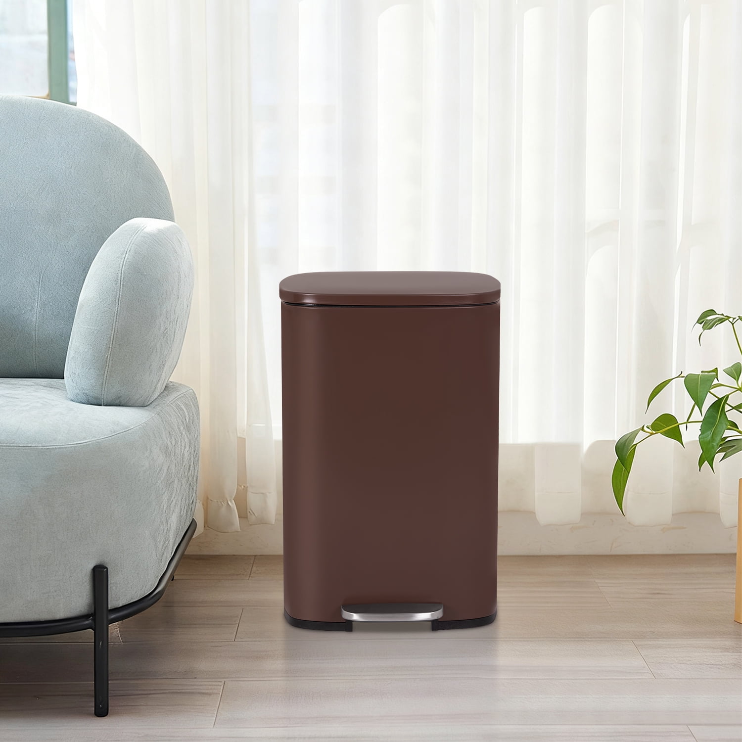 NiamVelo 13 Gallon Kitchen Trash Can with Lid, Metal Step on Trash Can Stainless Steel Trash Can Touchless Garbage Bin for Office Bedroom Bathroom , Brown