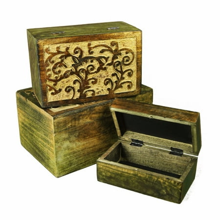 Beautifully Carved Wooden Jewelry Box, Set Of 3, Brown
