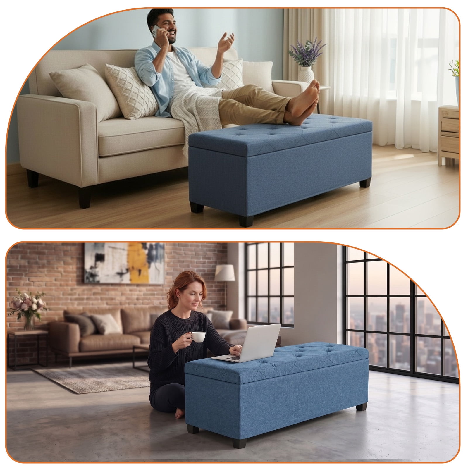 CONCETTA Versatile Storage Ottoman Bench, Tufted Upholstered End of Bed Chest, Foot Rest with Legs, Ample Capacity for Living Room, Entryway, Blue