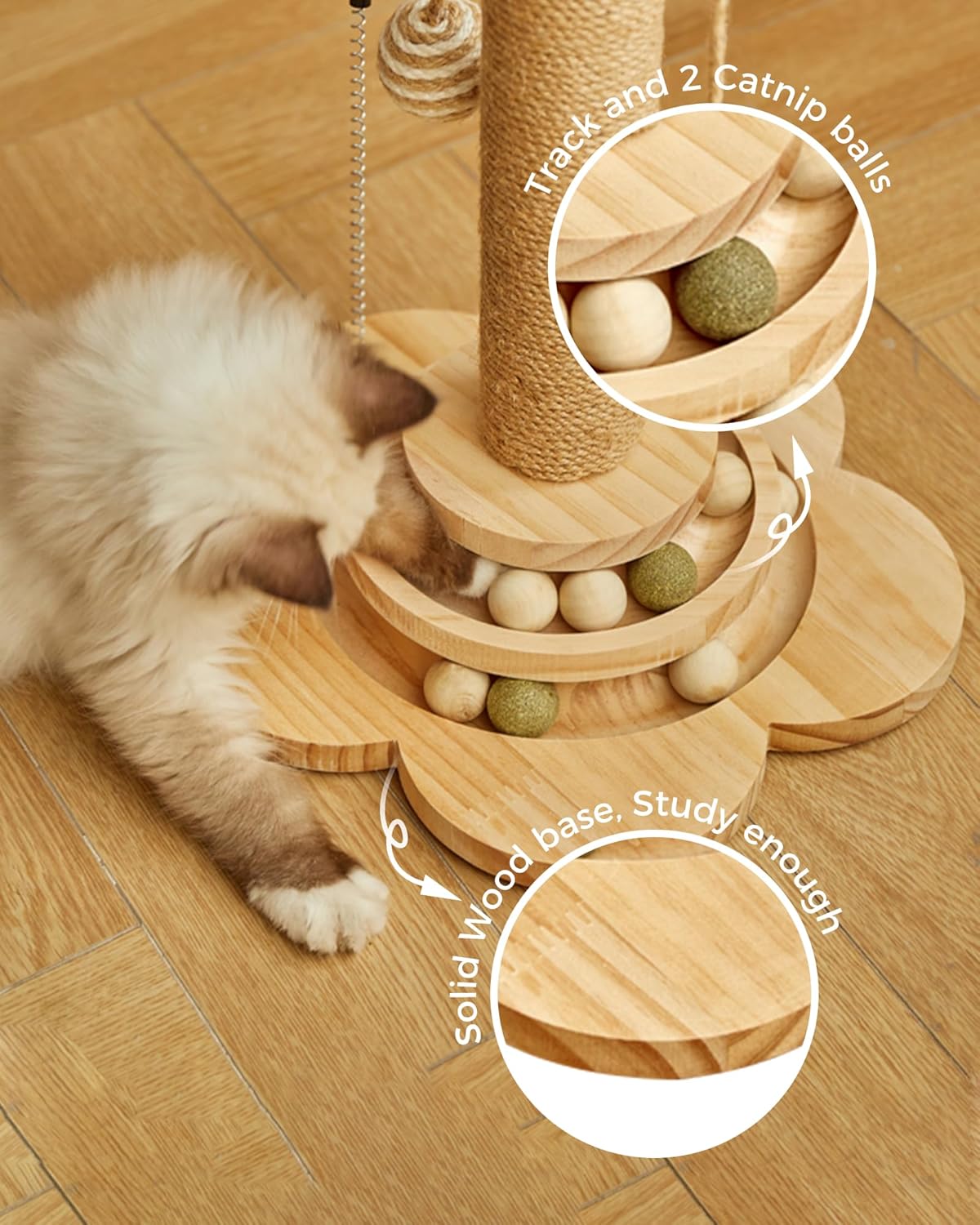 4 in 1 Wooden & Sisal Cat Scratching Post with 2 Level Cat Track Balls & Interactive Feather Toy, Natural Wood