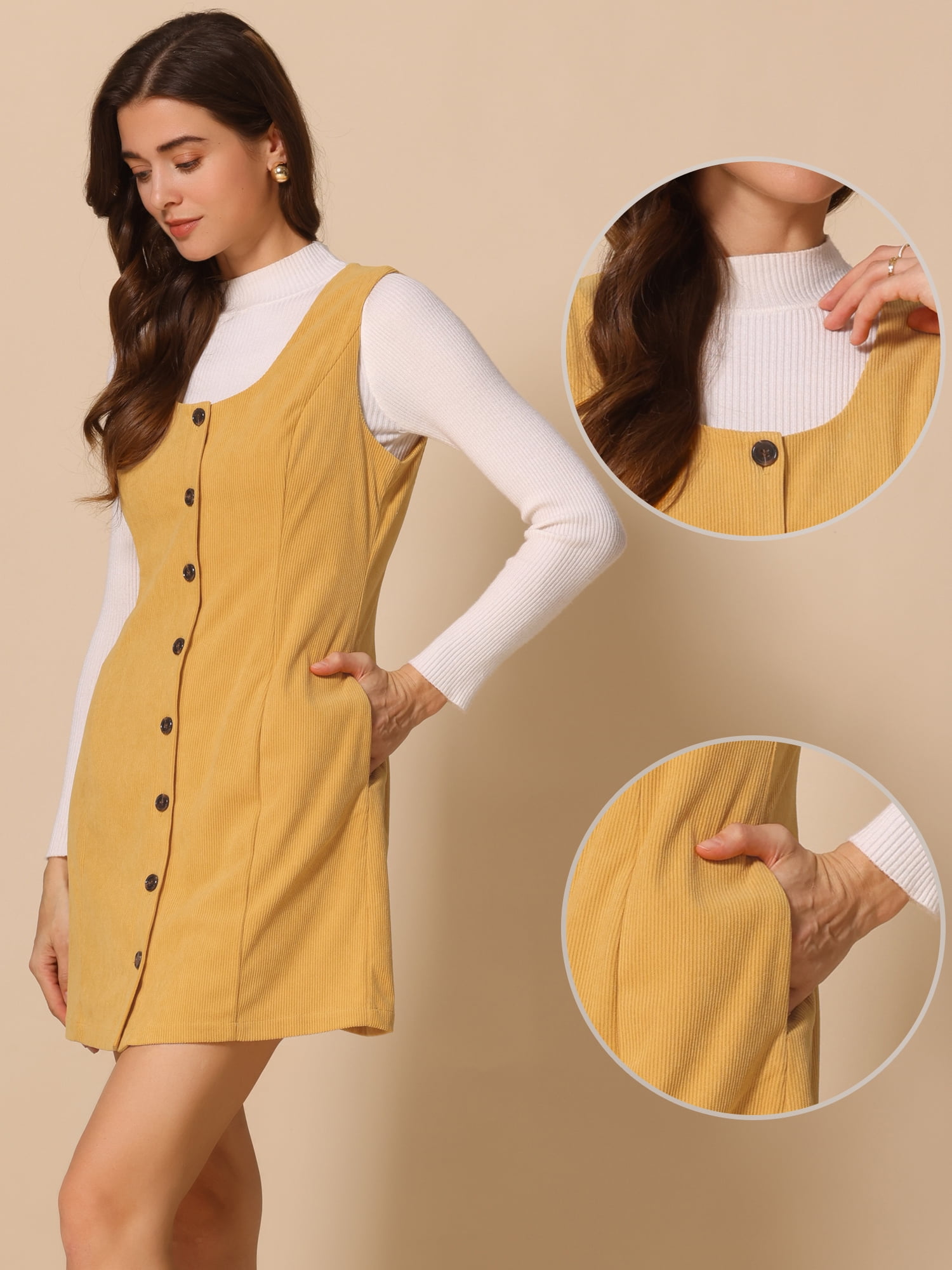 DARING DIVA Corduroy Button Down Pinafore Overall Dress L Dark Yellow