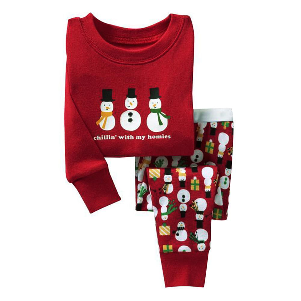 2pcs Girls Boys Christmas Lovely Clothes Set Long Sleeve Cartoon Tops+Pants WT7n 