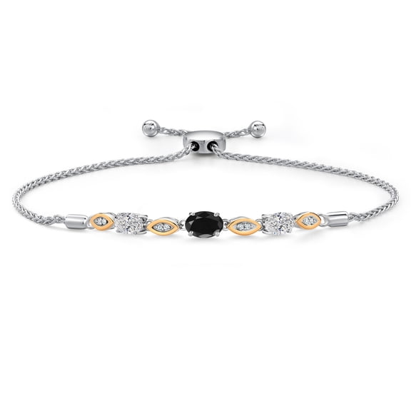 Gem Stone King 925 Silver and 10K Yellow Gold Black Sapphire and Lab Grown Diamond Bracelet for Women | 1.96 Cttw | Gemstone September Birthstone | Oval 7X5MM | Fully Adjustable 9 inch