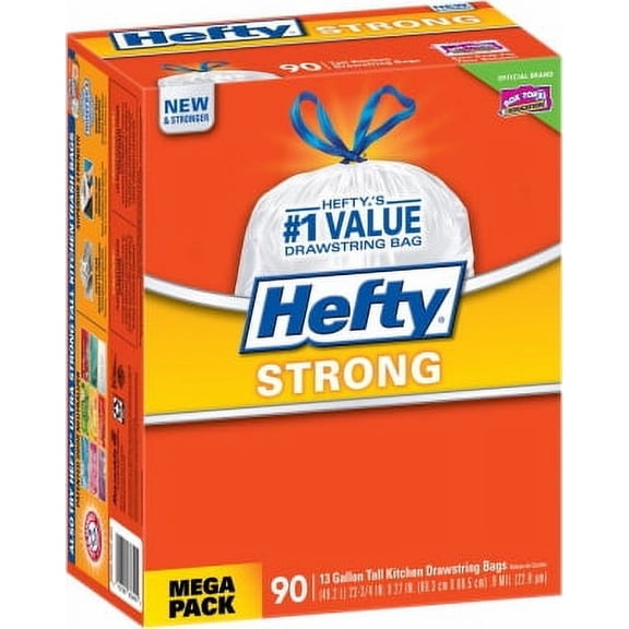 Hefty E84574 Kitchen Trash Bags Strong 13 gal Drawstring 90 pk 0.9 mil White