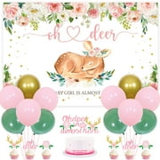 Oh Deer Baby Shower Decorations for Girl, Baby Girl Is Almost Here Backdrop, Pink Green Balloons Deer Foil Balloon Flowers Cake Topper Cupcake Toppers for Woodland Jungle Safari Baby Shower
