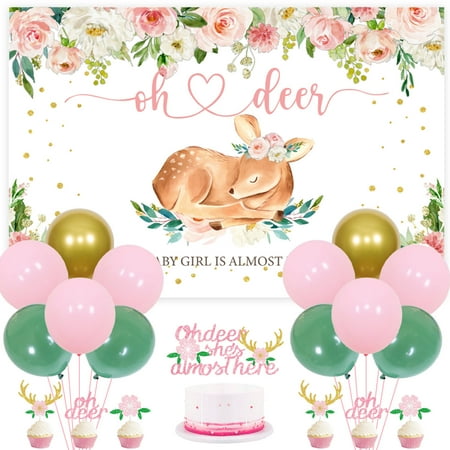Oh Deer Baby Shower Decorations for Girl, Baby Girl Is Almost Here Backdrop, Pink Green Balloons Deer Foil Balloon Flowers Cake Topper Cupcake Toppers for Woodland Jungle Safari Baby Shower