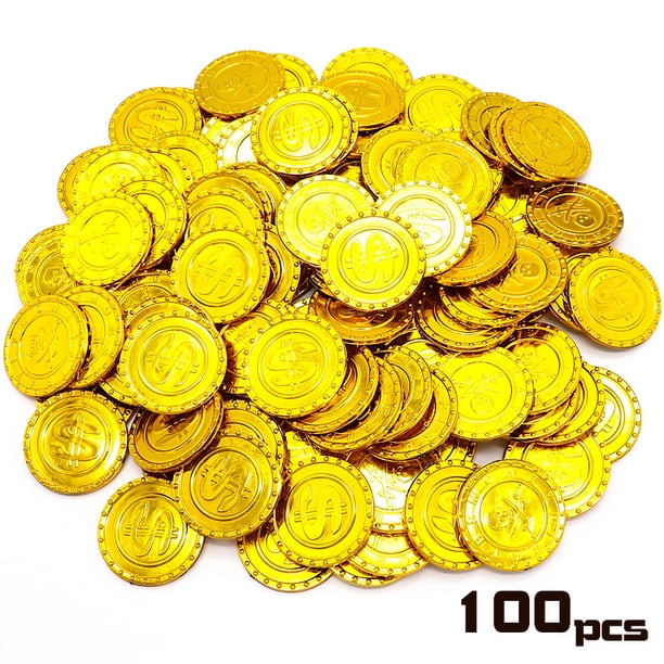 100 monedas piratas de plástico para cazar tesoros, juguetes, monedas falsas, recompensas, regalo para niños, suministros para fiestas, aventuras piratas, regalos para fiestas temáticas, decoraciones de Halloween (dorado) Sincero Electrónica