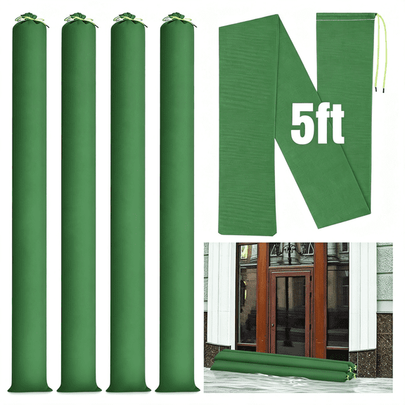 ACDANC 4 Pcs 5 Ft Sandbags for Flooding,Flood Prevention Sand Tube Bags Thickened Canvas Reusable Rain Wind Flood Barrier with Elastic Band Water Barrier Tube for Door Garden Rain Control,Green