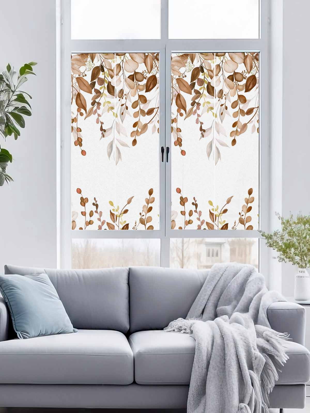 Sun Blocking Glass Window Film, Brown Eucalyptus Leaves Window Privacy Film Frosted, Farmhouse Botanical Watercolor Reusable Windows Privacy Sticker for Home Decor, Nursery, 23.6 x 78.7 Inches