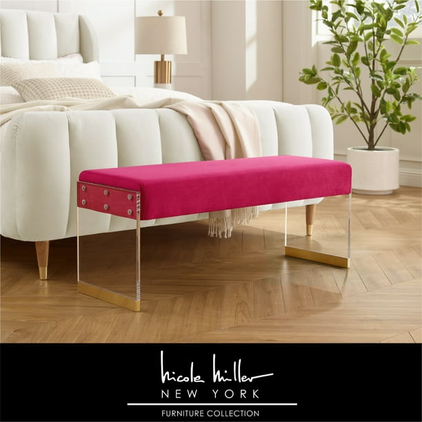 Alisa Velvet Lux Bench with Acrylic Legs and Gold Base, Fuchsia