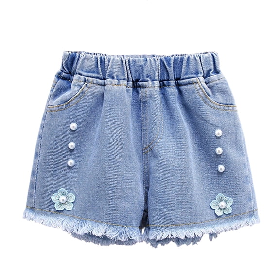 Tranfacy Girls Beaded Floral Denim Shorts with Pockets Casual Style Mid Length Summer Wear