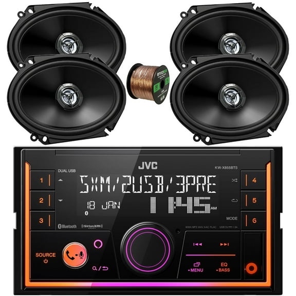 JVC Double DIN In-Dash USB/AUX Bluetooth AM/FM Digital Media Car Radio Receiver, 4x 6x8" 300 Watt Max Power 2-Way Automotive Audio Speakers, 16 Gauge 50 ft Speaker Wire