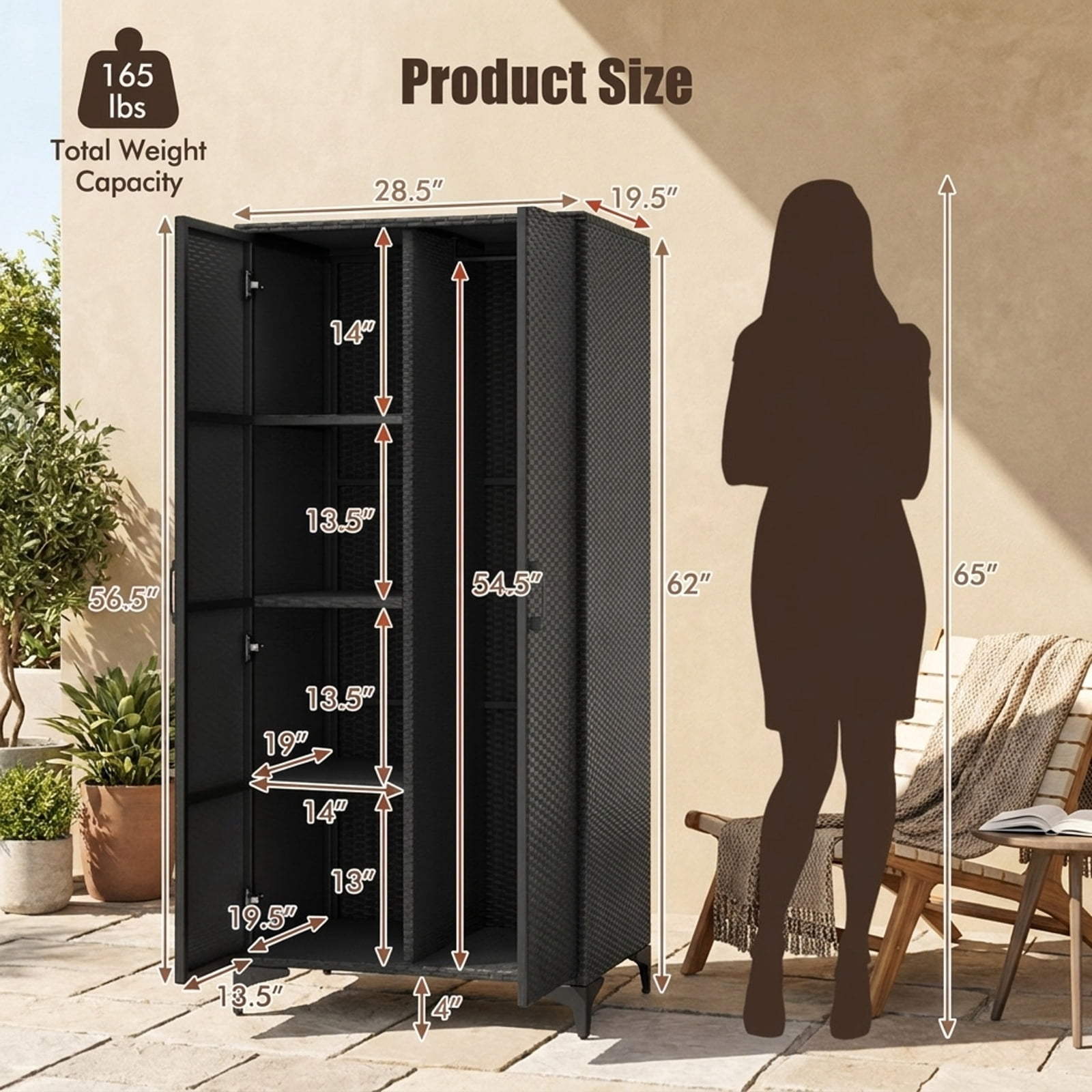 Furnibear 62 Inch Wicker Wardrobe with 2 Doors PE Rattan Closet with Hanging Rod for Bedroom Closet Clothes Wardrobe Storage Hanging, Black