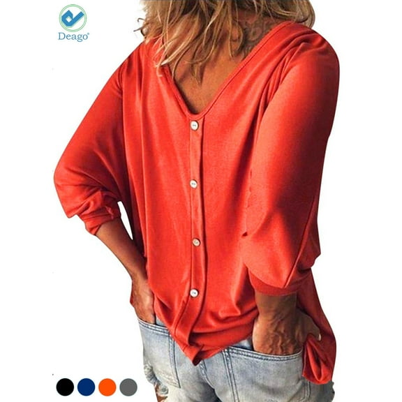 Deago Women Plus 3/4 Sleeve Loose Blouse Casual Tee T-Shirt V Neck Button Down Back Solid Tops For Summer Fall (5XL, Orange)