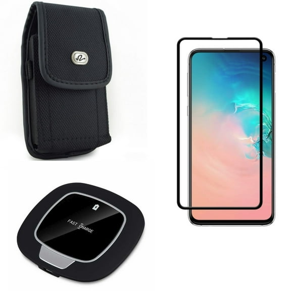 Galaxy S10e Screen Protector w Case Belt Clip w Wireless Charger - Tempered Glass 5D Curved Edge, Rugged Holster Canvas, Fast 7.5W and 10W Charging Pad for Samsung Galaxy S10e Phone