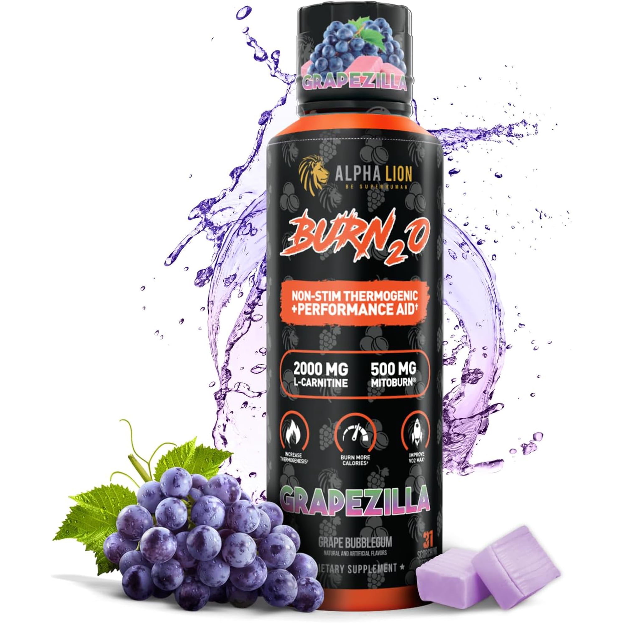 Alpha Lion Burn2O L-Carnitine Liquid Grapezilla Natural Energy and Metabolism Booster for Weight Loss 31 Servings 15.72oz