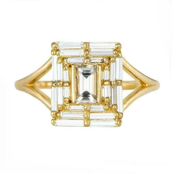 HeartsAndYou 2ct Baguette Cut Moissanite Enchanting Art Deco Cocktail Ring 18k Yellow Gold over Silver