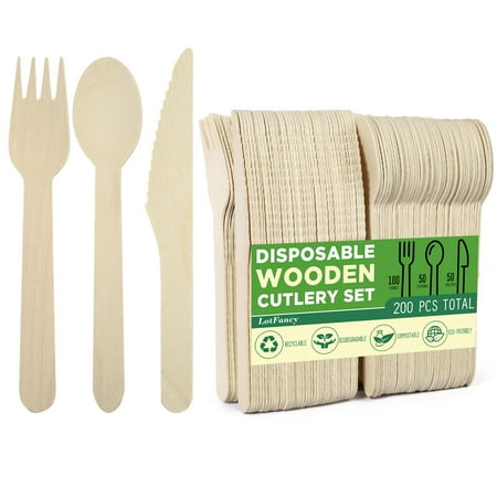 

LotFancy 200 Count Disposable Wooden Cutlery Set Biodegradable Utensils 100 Forks 50 Spoons 50 Knives