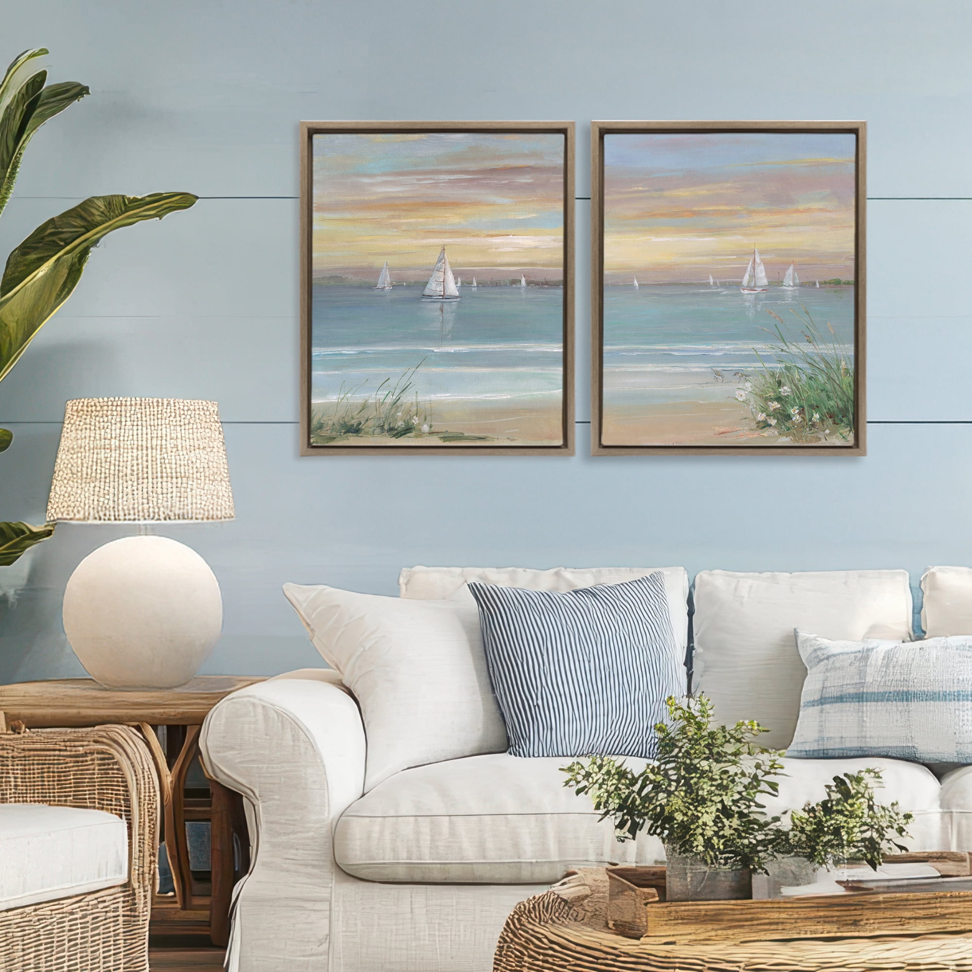 Stupell Industries Summer Shore Panorama 2 Piece Brown Framed Floater Canvas Set, design by Sally Swatland