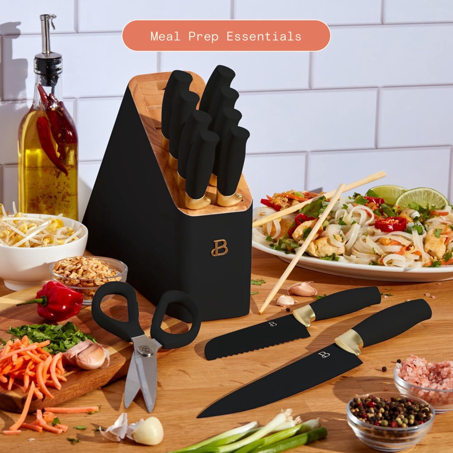 Beautiful 12 Piece Stainless Steel Knife Set Block Soft Grip Handles Black Sesame