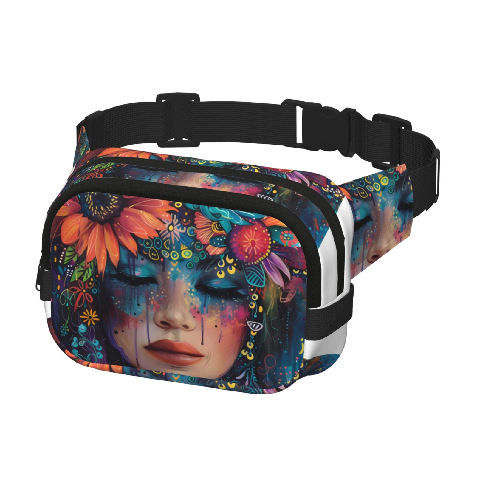 Hirioo Bohemian Colorful Flower Woman for Double Layer Waist Bag Adjustable Fanny Pack For Travel Running Hiking