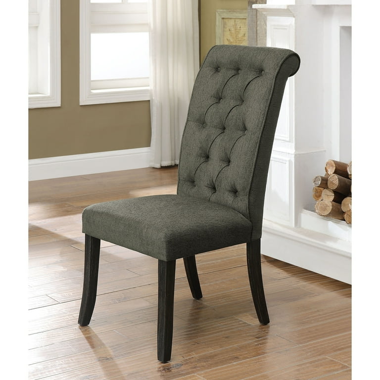 Furniture of America Sheila Farmhouse Tufted Fabric Dining Chairs Set of 2 by Dining Chairs Side Chairs Grey Antique Black