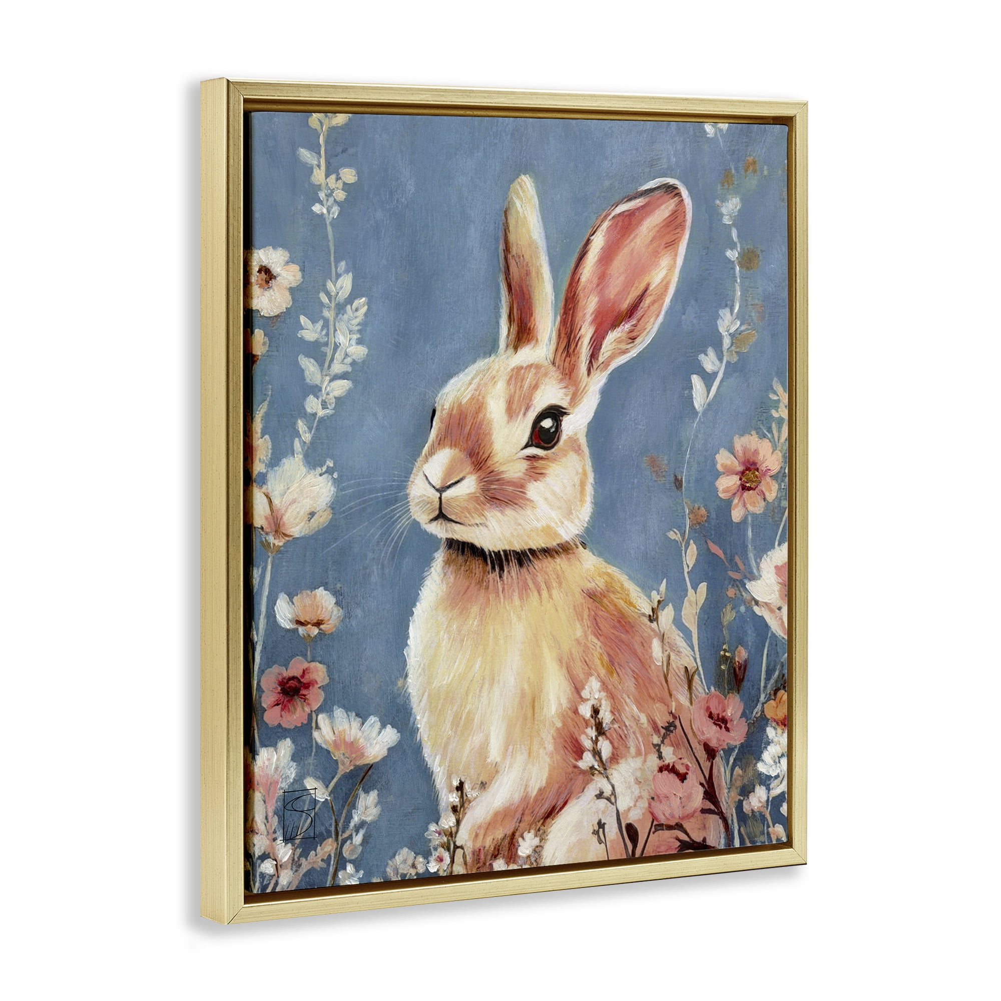 Stupell Industries Whimsical Rabbit on Blue Gold Framed Floater Canvas Wall Art, design by Sara Culpepper