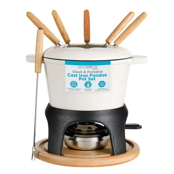 Juego de ollas para fondue de hierro fundido BIRDROCK HOME | 8 tenedores para fondue, quemador de seguridad cromado | Chocolate, queso, derretido, calentador de salsas, minifuente, fresas cubiertas |