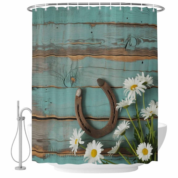Polyester Fabric Daisy Flower Shower Curtain, Vintage Horseshoes Farmhouse Wooden Grain Teal Waterproof Bathtub Curtain Bathroom Decor Set with Hooks 36 x 72 Inches
