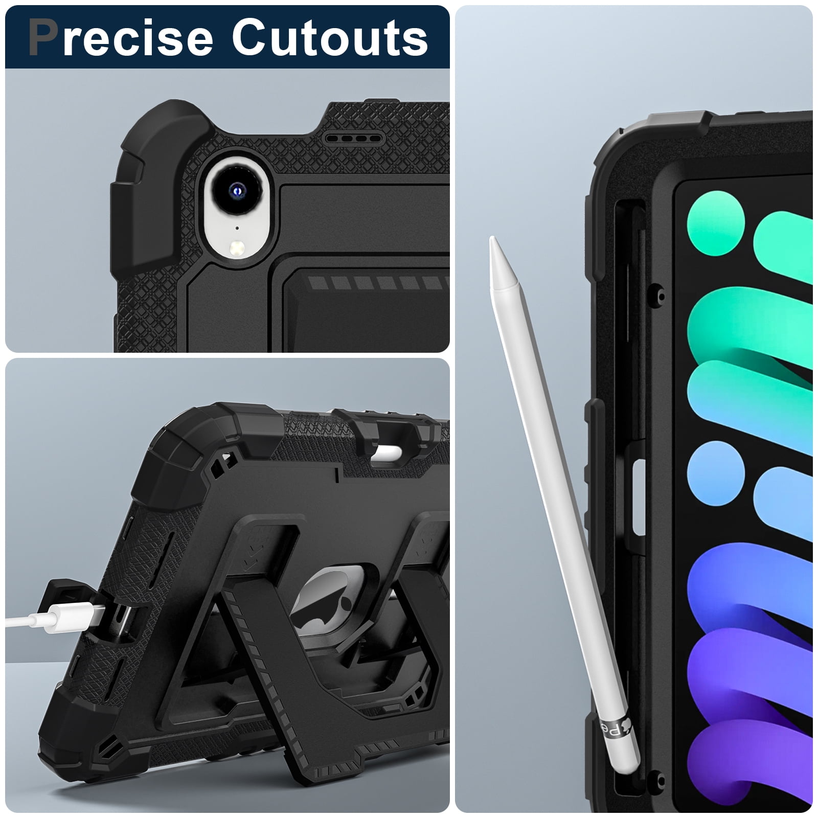 Dteck Case for iPad Mini 7 (A17 Pro) 2024 / Mini 6 2021 8.3 inch,Heavy Duty Kickstand Case with Shoulder Strap Shockproof Rugged Cover Built-in Pencil Holder for Pad Mini 7th/6th Gen 8.3" ,Black