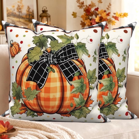 Orange Buffalo Plaid Pumpkin Throw Pillow Covers 18x18 Set of 2 Double-Sided Fall Thanksgiving Soft Cushion Covers Farmhouse Autumn Decor