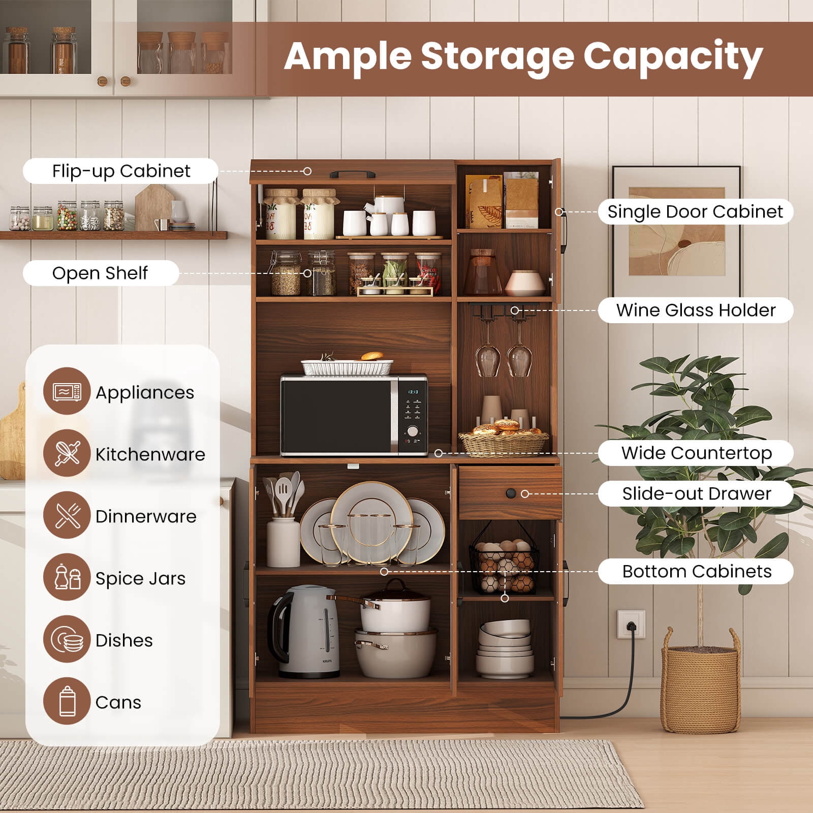 Costway 66" Pantry Cabinet Tall Kitchen Storage Cabinet with Charging Station Brown