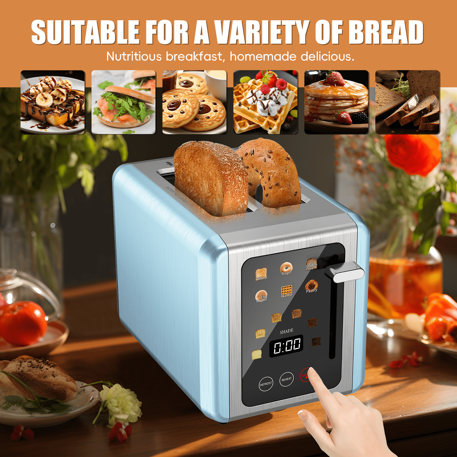WHALLULTRA 2-Slice Touchscreen Toaster, Stainless Steel, 1.5" Wide Slots, Bagel/Defrost, 850W, Blue