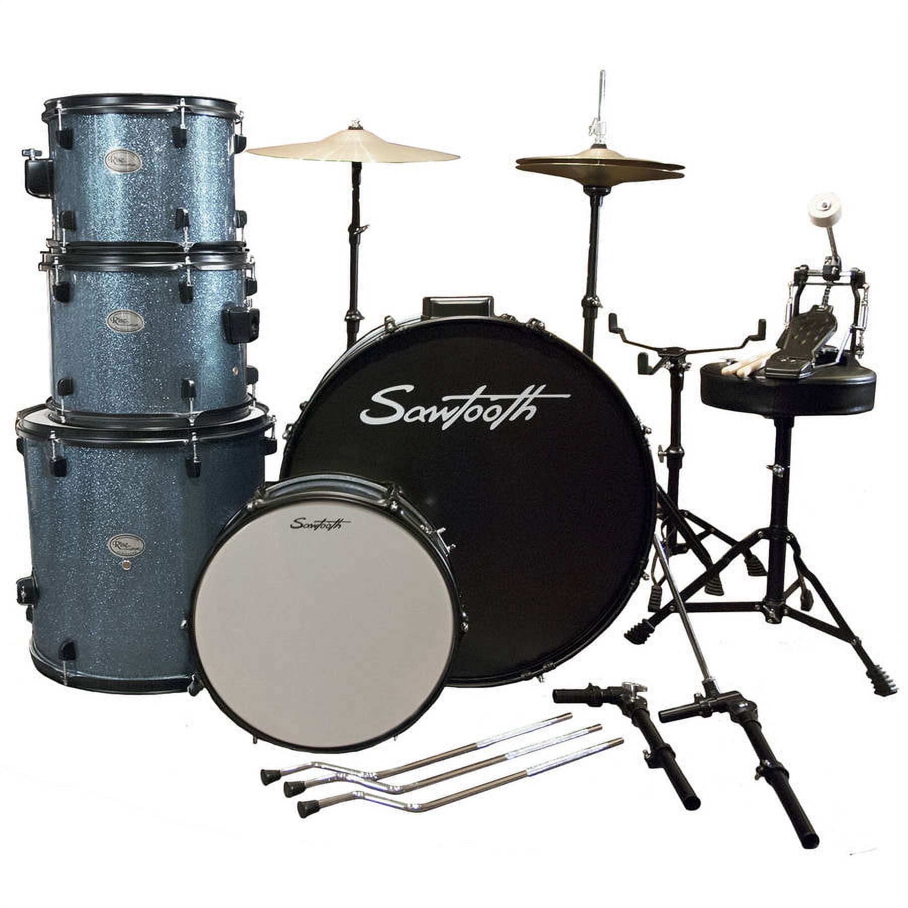 Rise by Sawtooth Full Size 5-Piece Student Drum Set with Hardware and Cymbals, Storm Blue Sparkle
