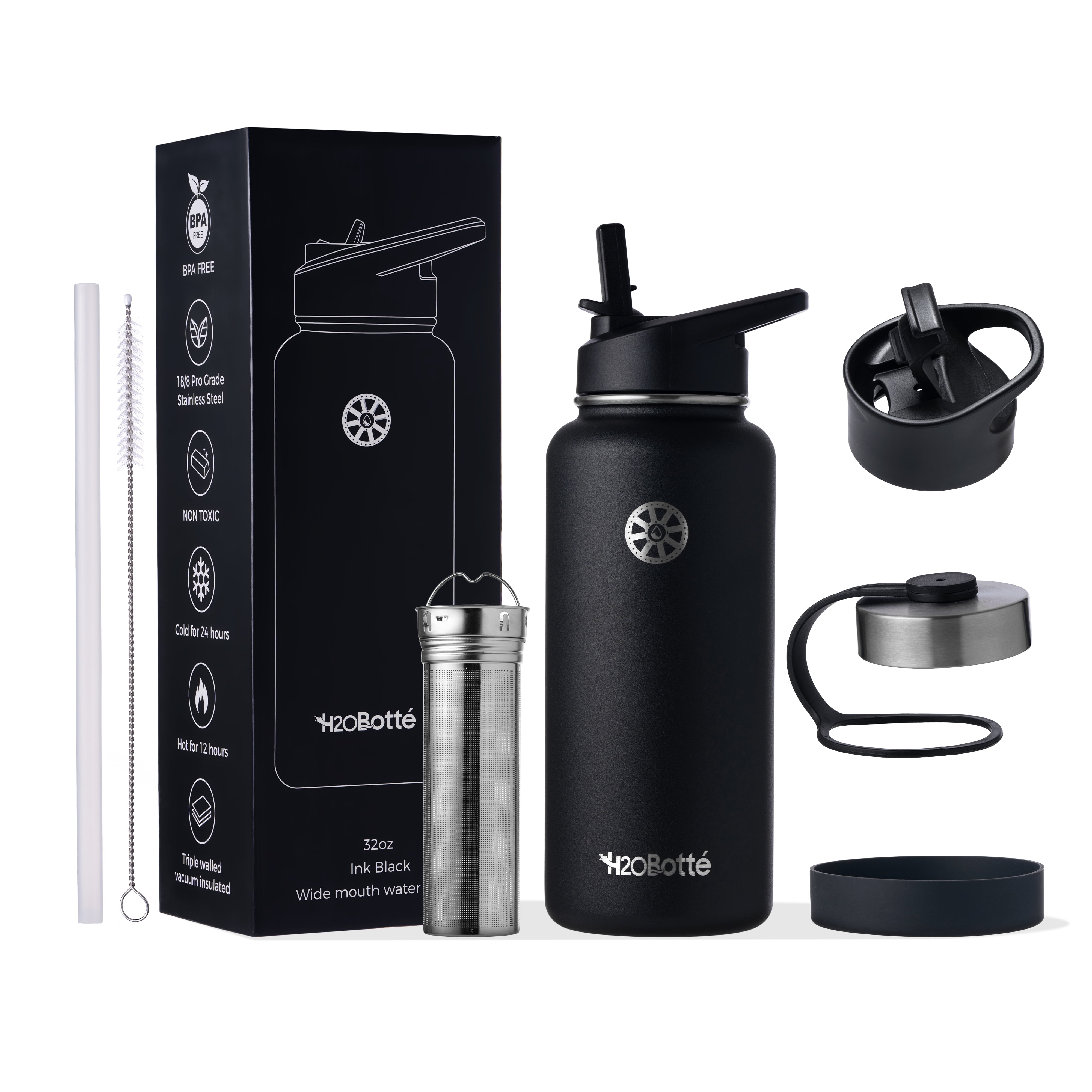 Nurich Water Bottle - Stainless Steel & Vacuum Insulated - Wide Mouth with Leak Proof Flex Cap - 18 oz, Black